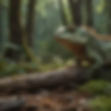 A lush forest scene with various reptiles blending into their environment.