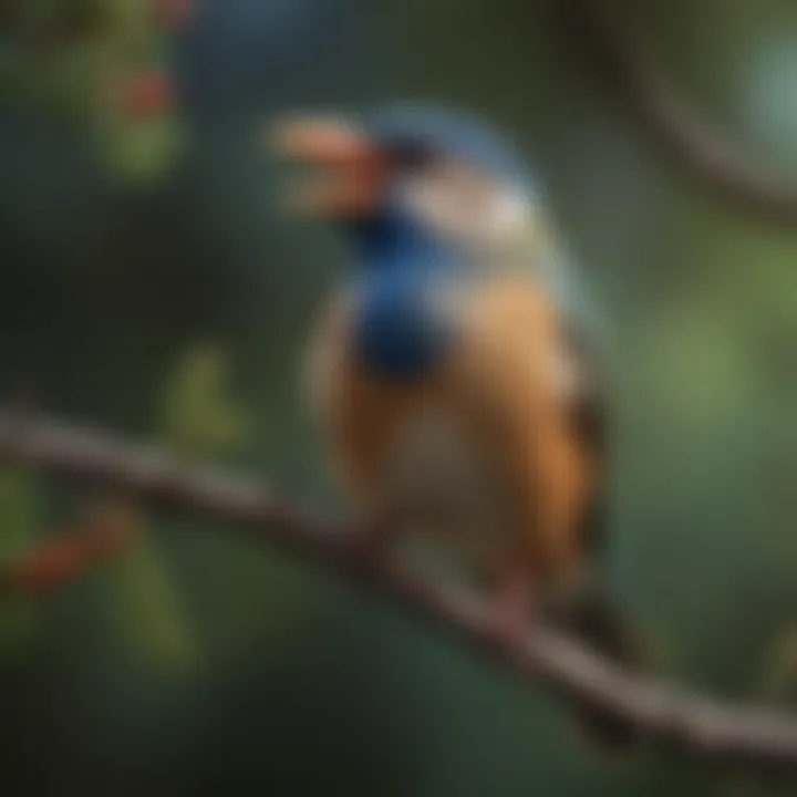 A close-up of a singing bird perched on a branch, showcasing its vibrant plumage and open beak.