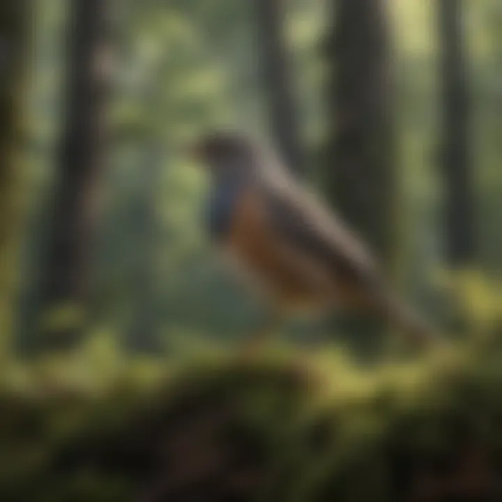 A serene forest scene with various bird species in their natural habitat, illustrating diverse soundscapes.