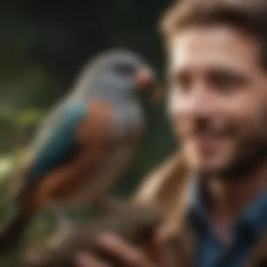 A joyful pet bird interacting with its owner, showcasing the bond formed through vocal communication.