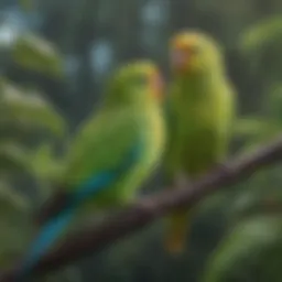 A vibrant parakeet perched on a branch in a lush environment