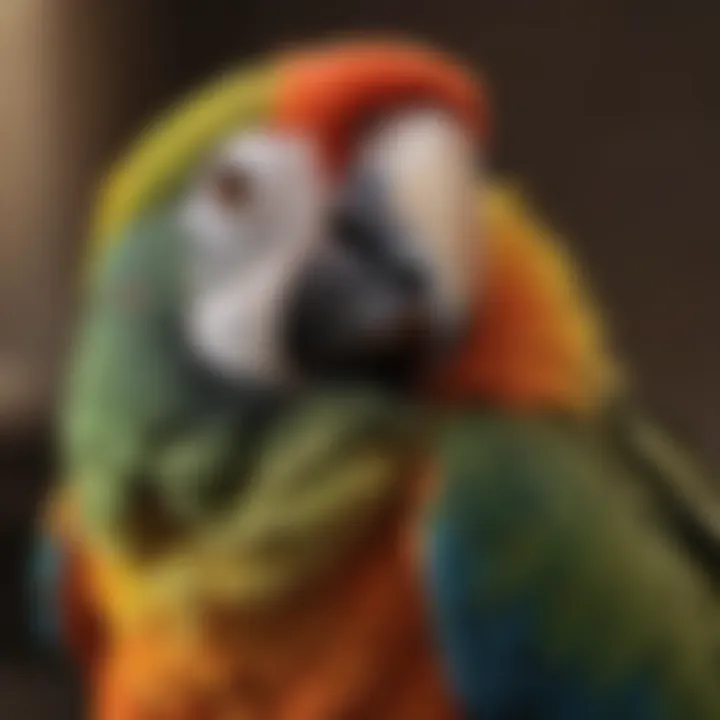 A close-up of a colorful parrot being stroked gently on its back, showcasing its feathers and body language.