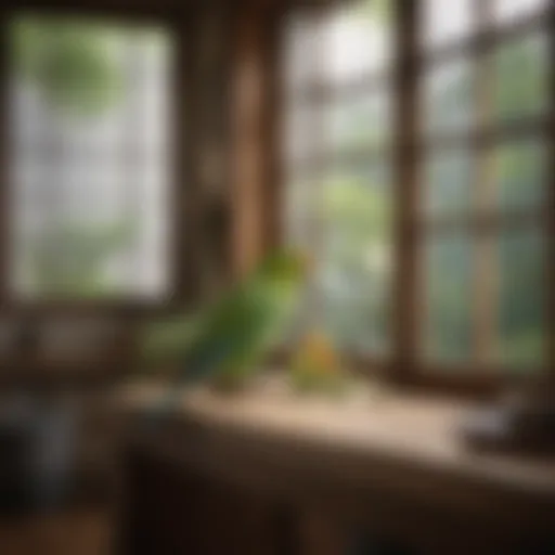 A serene living space featuring a colorful parakeet perched on a traditional Japanese window.