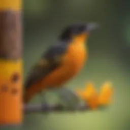 Close-up of a vibrant oriole perched on a feeder with nectar