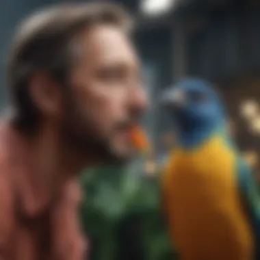 An owner engaging in conversation with their talking bird