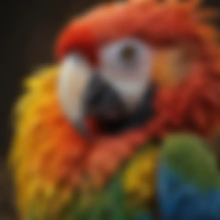 A close-up of a macaw showcasing its colorful feathers.