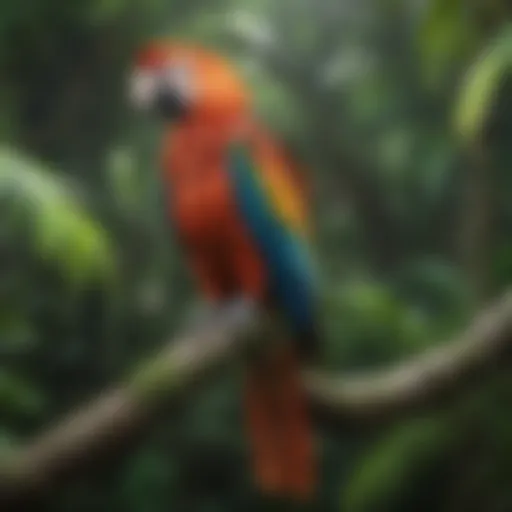 A vibrant macaw perched on a branch surrounded by lush greenery.