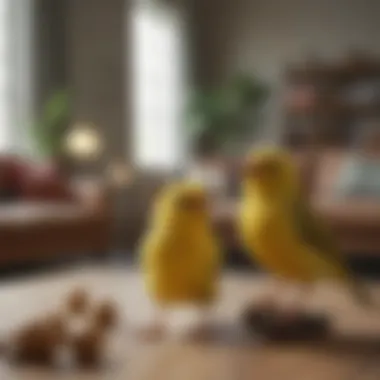 A serene scene of a canary singing in a cozy living room.