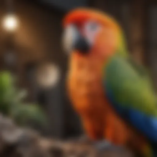 A bird specialist examining a vibrant parrot in a well-lit environment.