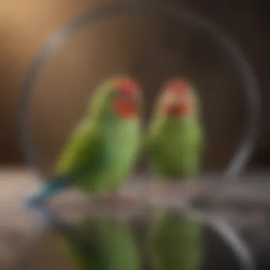 Curious Parakeet and Reflective Environments A vibrant parakeet interacting with a mirror, showcasing curiosity and playfulness.