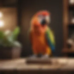 Colorful small parrot perched on a wooden playstand