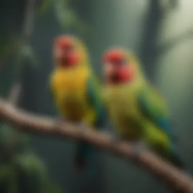 Vibrant Parakeets in Their Habitat Colorful parakeets perched on a branch