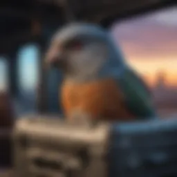 A serene pet bird perched comfortably in a travel carrier