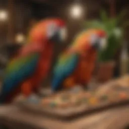 A colorful array of macaw treats arranged beautifully on a wooden table, showcasing diversity in diet.