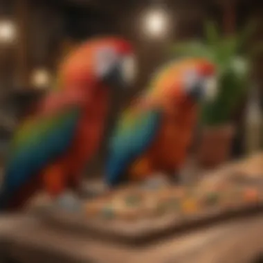 A colorful array of macaw treats arranged beautifully on a wooden table, showcasing diversity in diet.