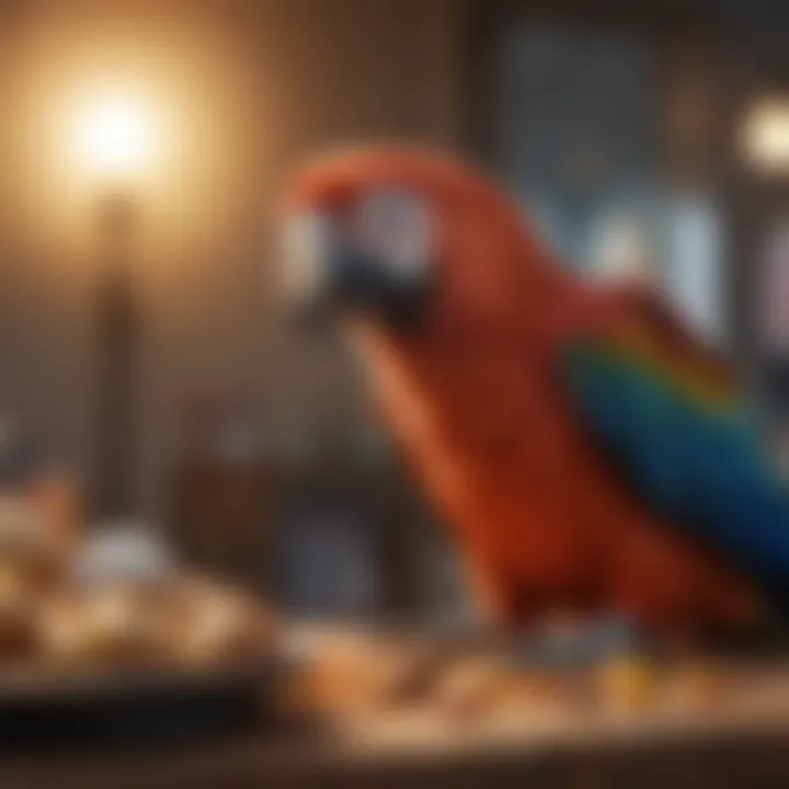 A macaw interacting with a puzzle toy filled with treats, stimulating its mind and body.