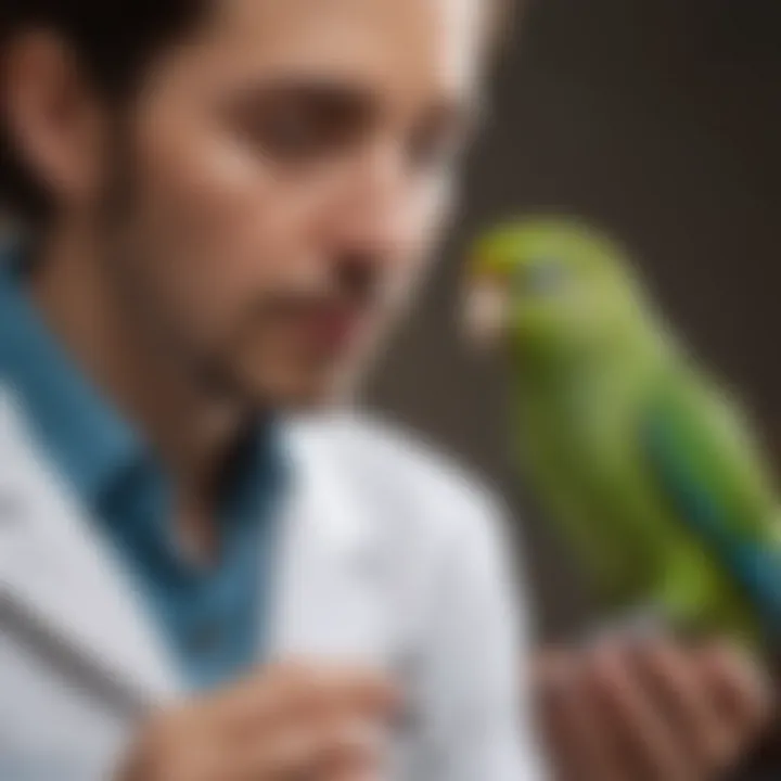 Veterinarian examining a parakeet in a clinical setting