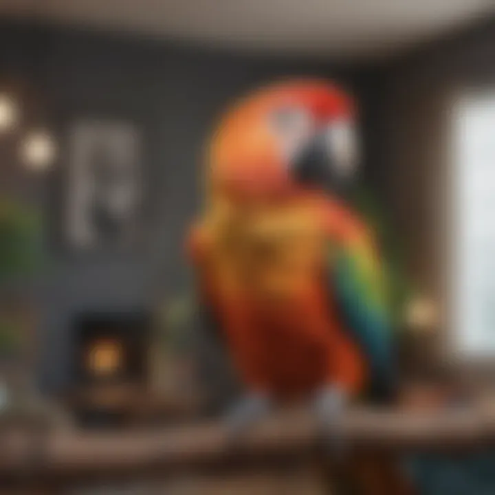 A vibrant parrot perched on a branch in a cozy living room setting