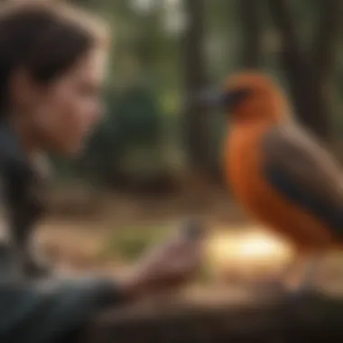 An engaging moment between a bird and its caregiver, illustrating interaction