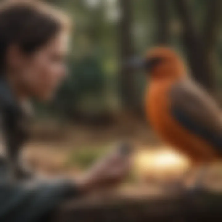 An engaging moment between a bird and its caregiver, illustrating interaction