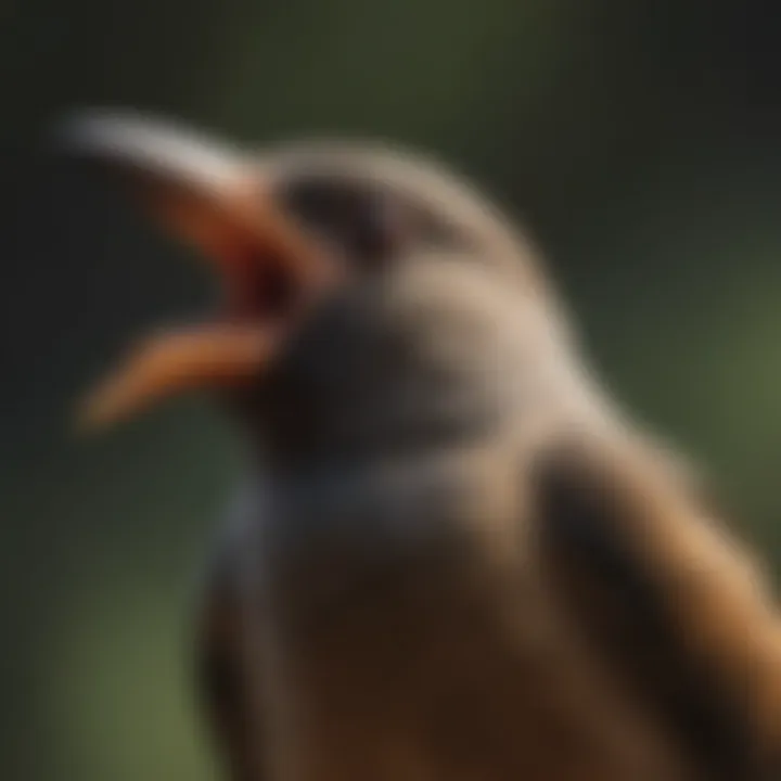 A close-up of a bird displaying its vocalization behavior in a natural setting.