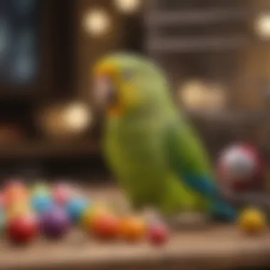 A vibrant parakeet engaging with colorful toys in its cage