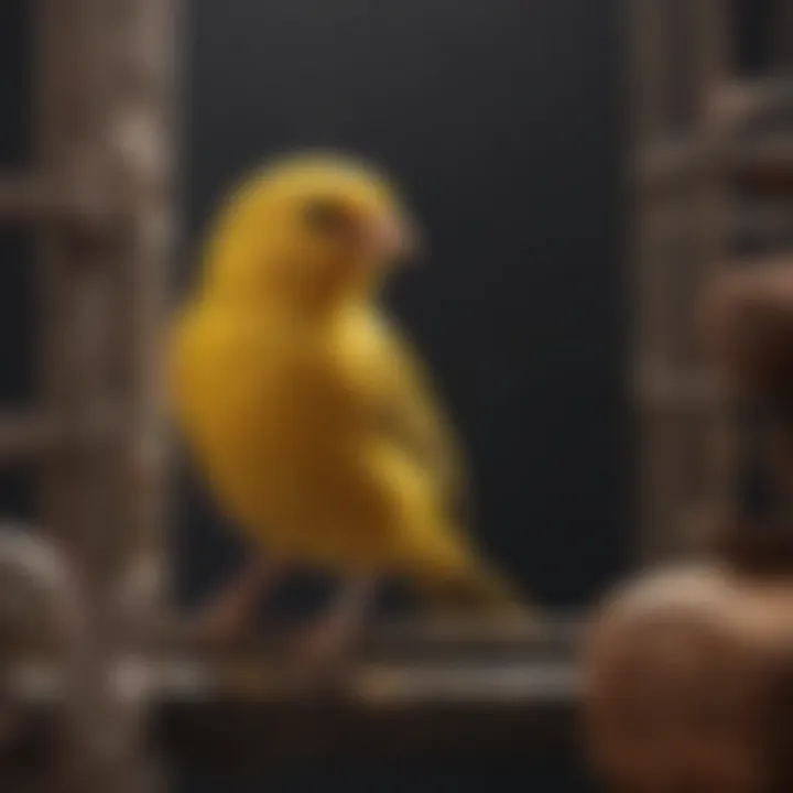 A canary exploring various textures and materials in its cage