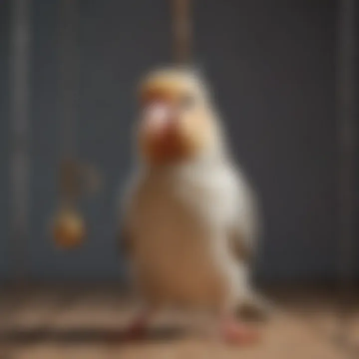 A joyful cockatiel playing with a hanging bell in its cage