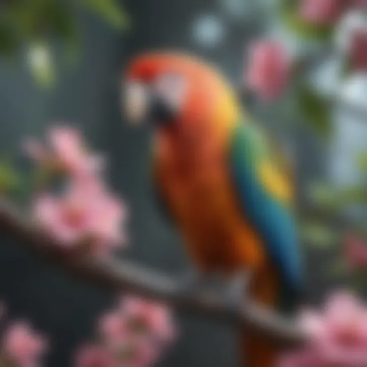 Colorful parrot perched on a flowering branch