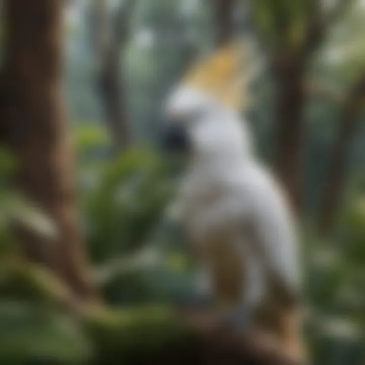 A serene scene of a cockatoo in a lush environment, highlighting its natural habitat.