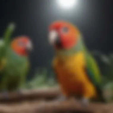 A collection of different conure species in a natural setting