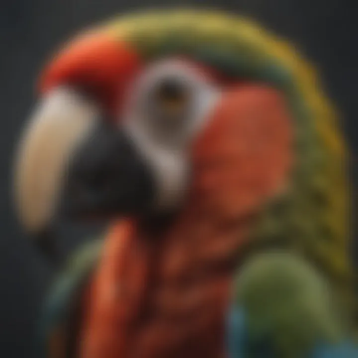 A detailed view of a macaw's beak and eye, highlighting its unique features.