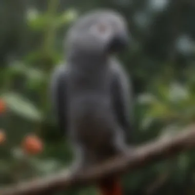 An African Grey parrot perched on a branch, showcasing its vivid plumage and intelligent gaze.