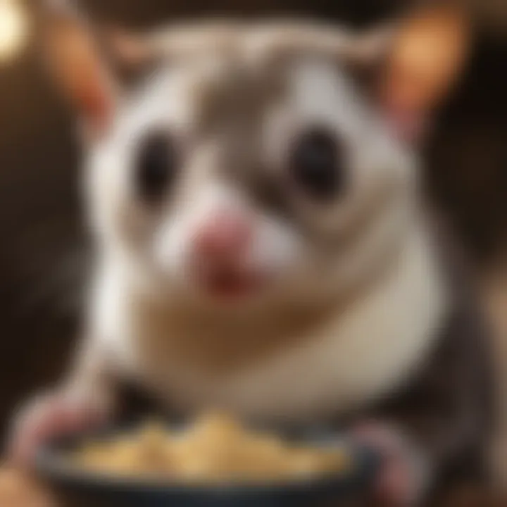 A close-up of a sugar glider enjoying its meal