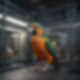 Spacious interior of an extra large flight cage for birds.