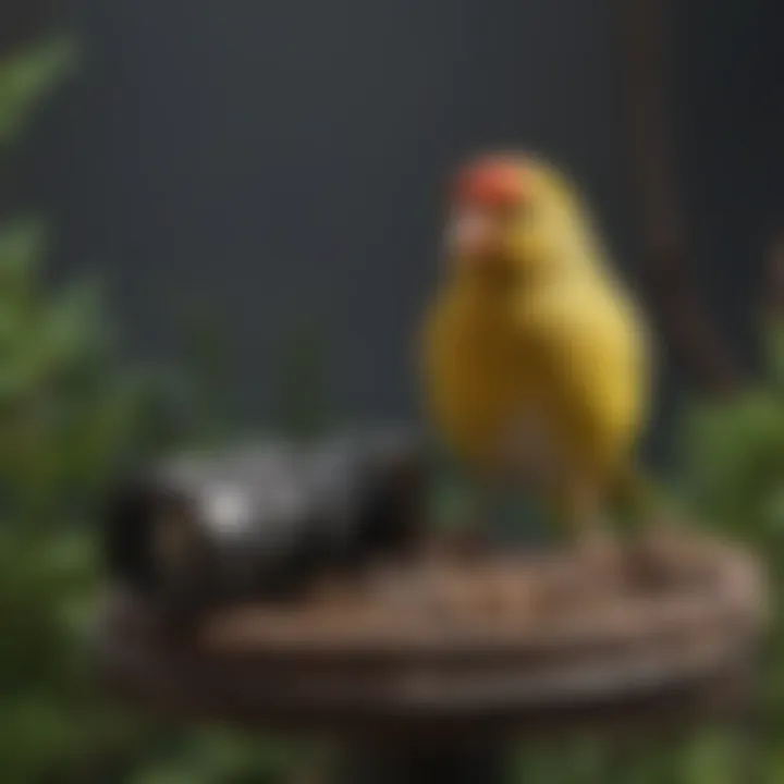 Close-up of enrichment accessories in a finch habitat