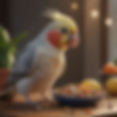 A serene setting showing a cockatiel enjoying a nutritious meal with fresh fruits and seeds