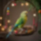 A vibrant parakeet perched on a colorful swing in a well-decorated birdcage