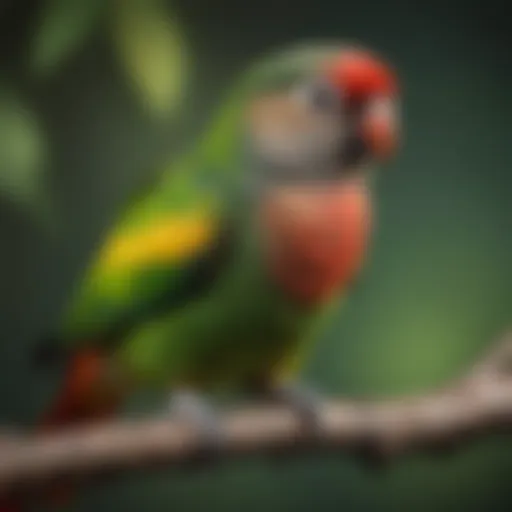 A vibrant green cheek conure perched on a branch, showcasing its colorful plumage.