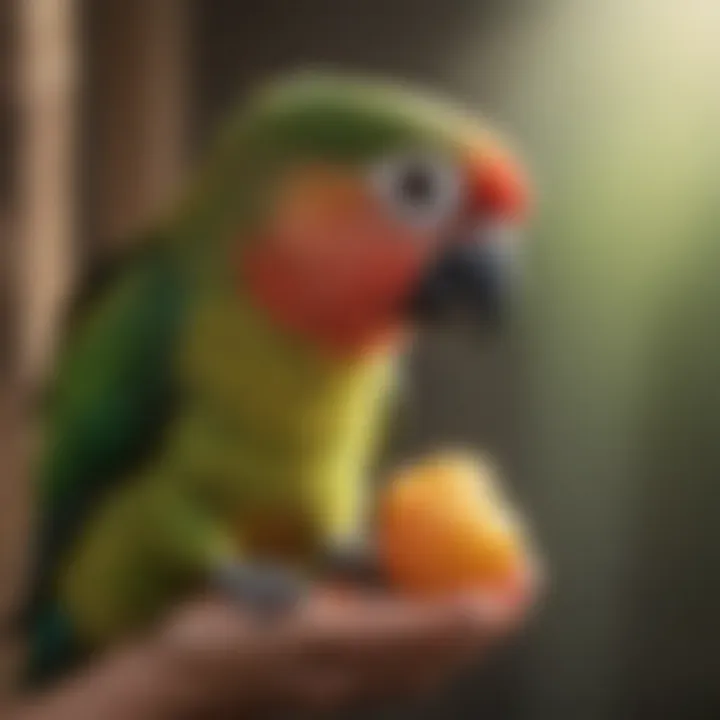 A Green Cheek Conure enjoying a treat