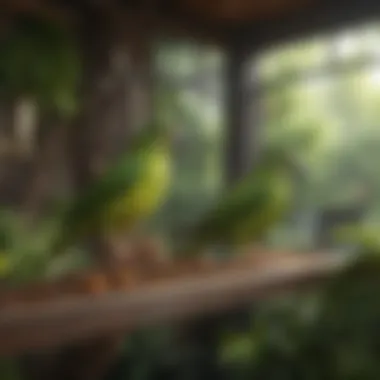 A serene backyard aviary filled with various green bird species in a lush environment.