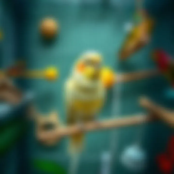 An inviting cage setting filled with toys and perches for a cockatiel.