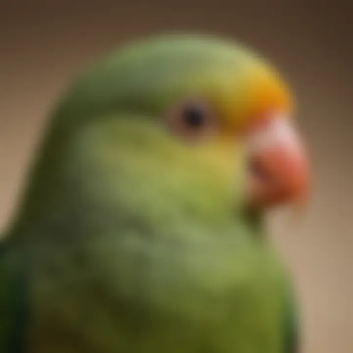 A close-up of a green lovebird, highlighting its unique facial features and charming personality.