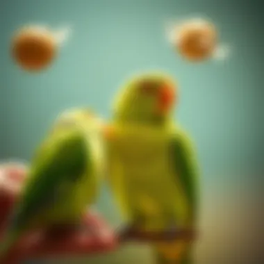 An owner engaging in interactive play with their green bird.