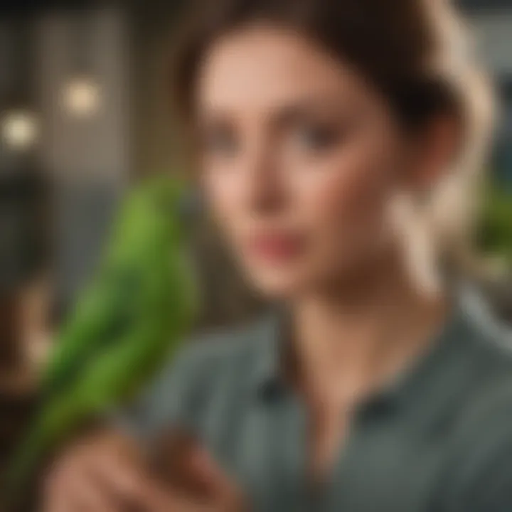 An engaging scene of a green bird interacting playfully with its owner, demonstrating the bond between them.