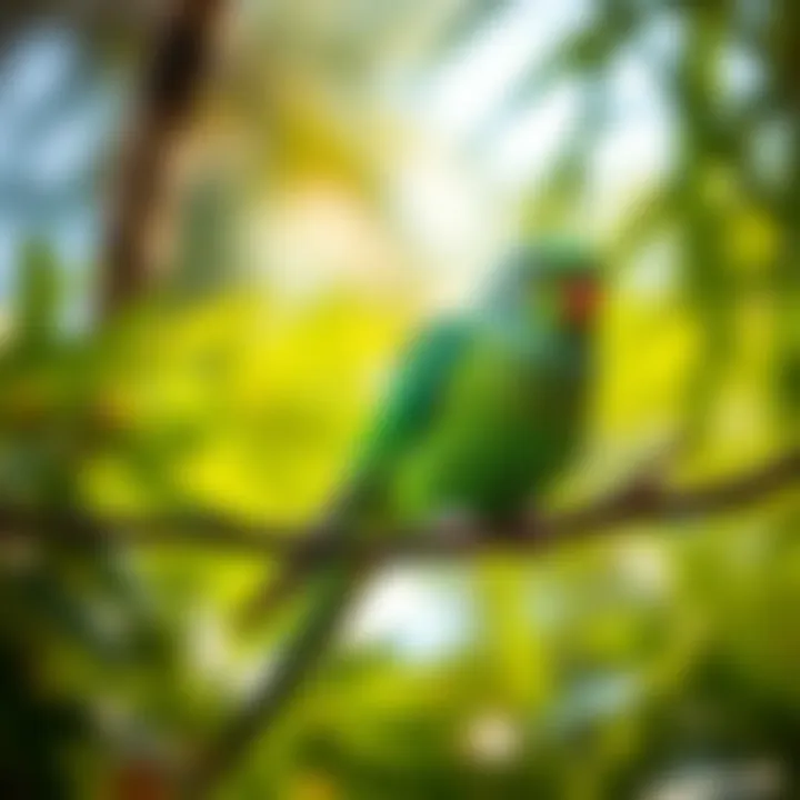 A vibrant green parakeet perched on a branch with a lush background.