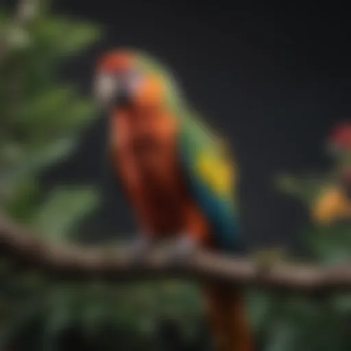 A vibrant parrot perched on a branch, showcasing its colorful feathers.