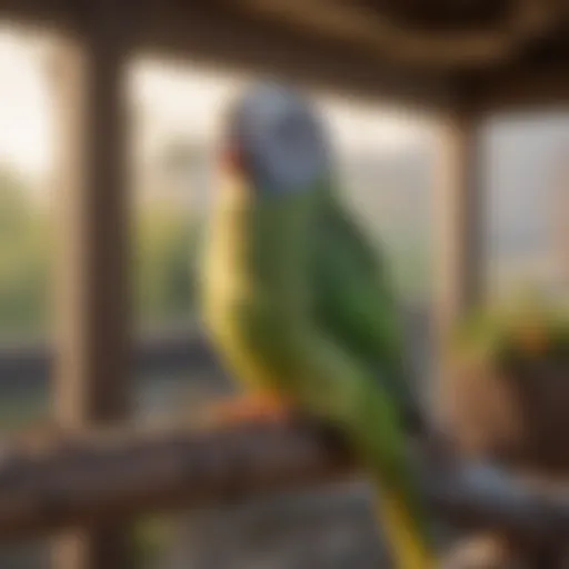 A cozy parakeet perched on a heated perch in a bright aviary