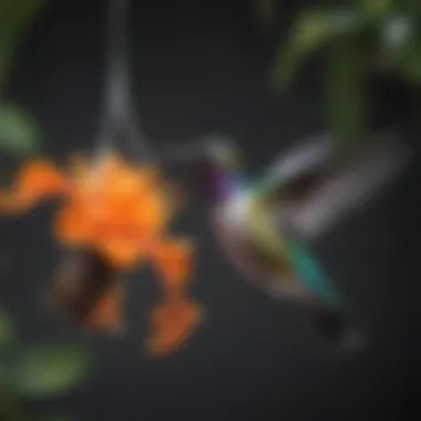 A vibrant hummingbird hovering near a nectar feeder, showcasing its iridescent feathers.