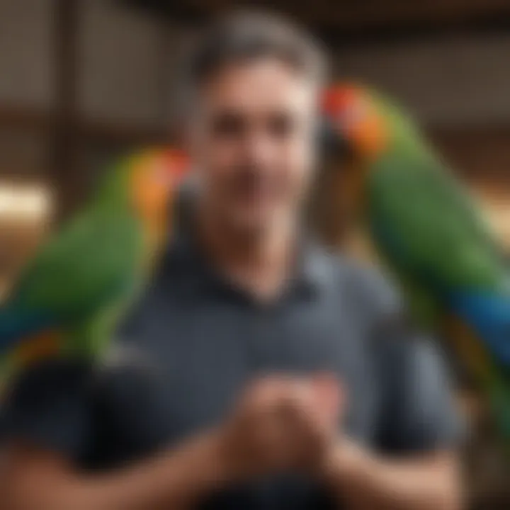 A caregiver interacting playfully with a large parrot